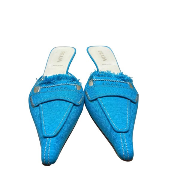 PRADA Blue Canvas Kitten Heel Mules Blue Pointed Toe - Picture 3 of 9